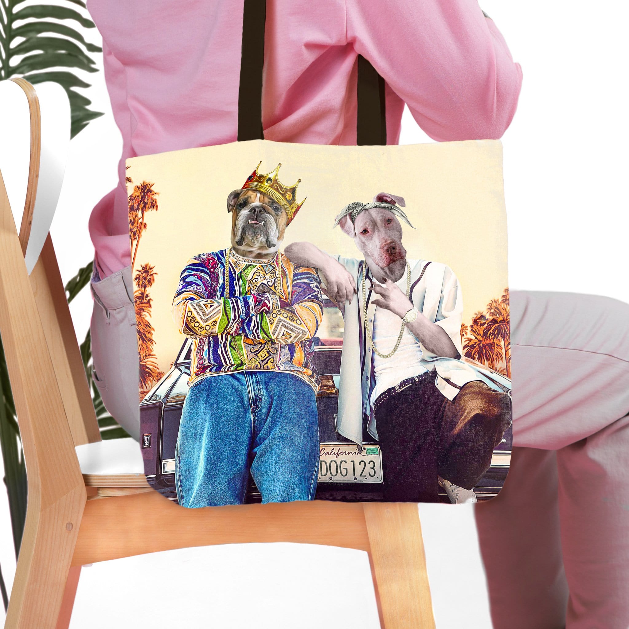 Personalized 2 pet tote bag with custom dog portraits in a California hip-hop style.