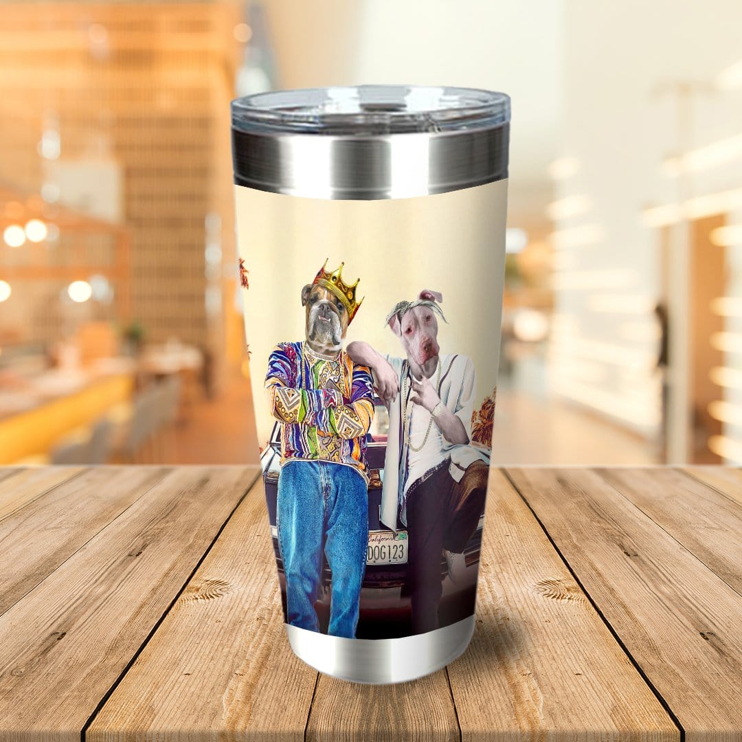 Personalized stainless steel tumbler with two custom dog portraits in hip-hop style outfits.