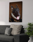 Personalized "The Duke" pet portrait canvas featuring a German Shepherd in a regal, dark brown, fur-collared outfit.