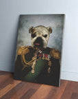 Personalized bulldog pet portrait canvas, "The General" design, featuring a dog in a military uniform.