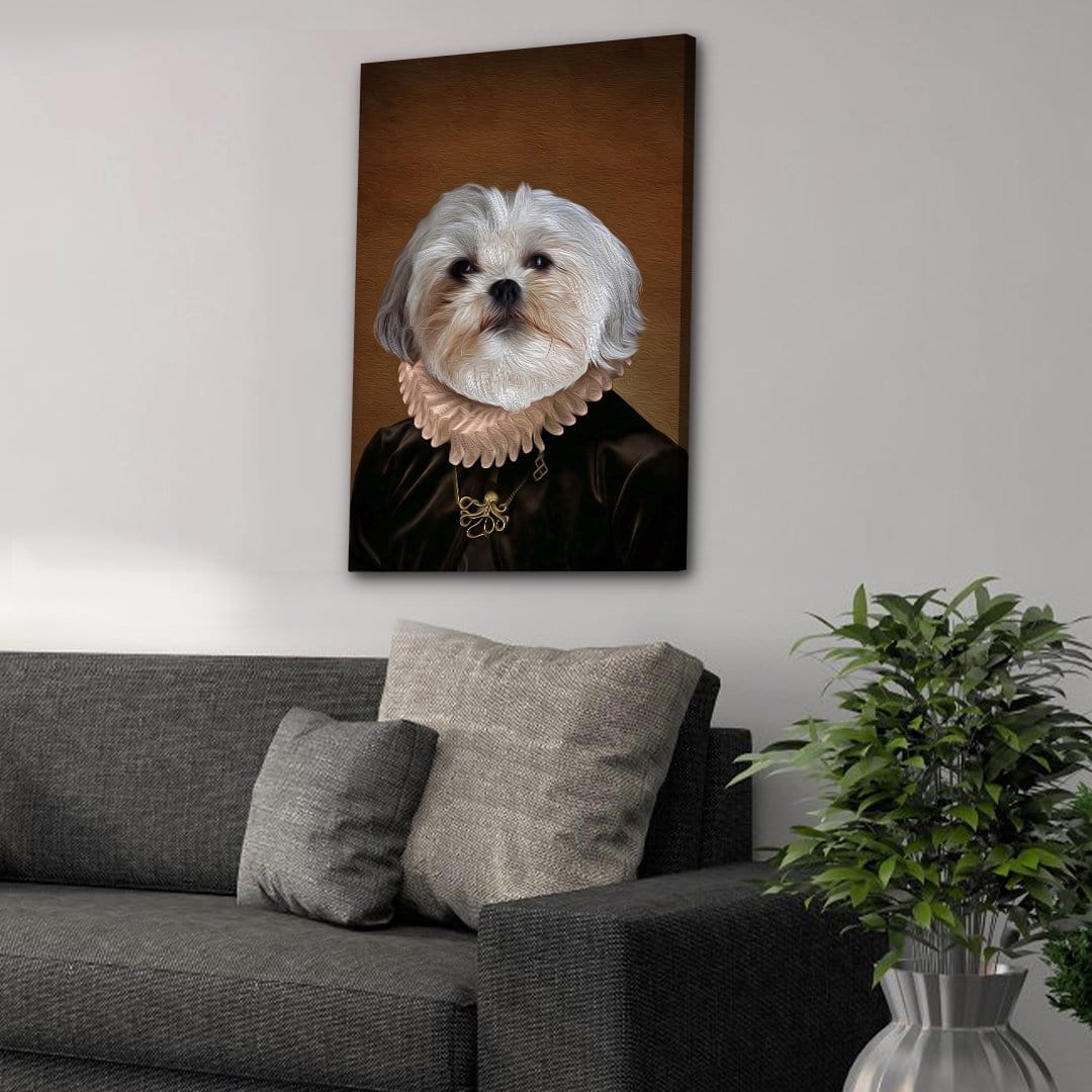 Personalized "The Duchess" pet canvas featuring a Shih Tzu in a Renaissance-style portrait, hanging above a gray sofa.