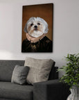 Personalized "The Duchess" pet canvas featuring a Shih Tzu in a Renaissance-style portrait, hanging above a gray sofa.