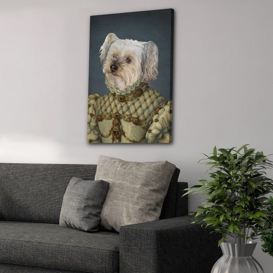 Personalized Princess Pet Canvas featuring a white dog in a regal, ornate gown, hanging above a gray sofa.