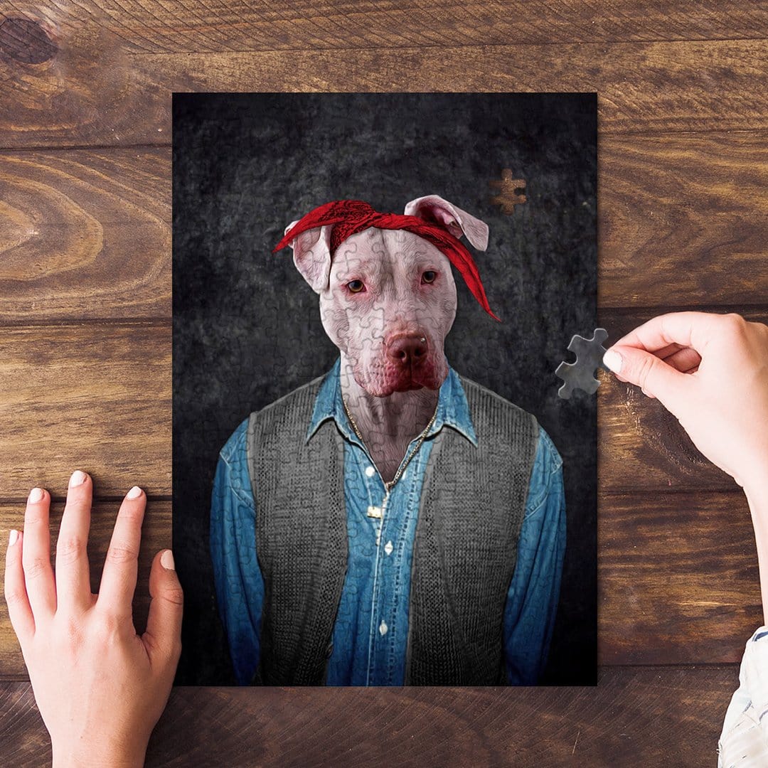 Personalized '2pac Dogkur' pet puzzle featuring a pitbull in a red bandana and blue shirt.