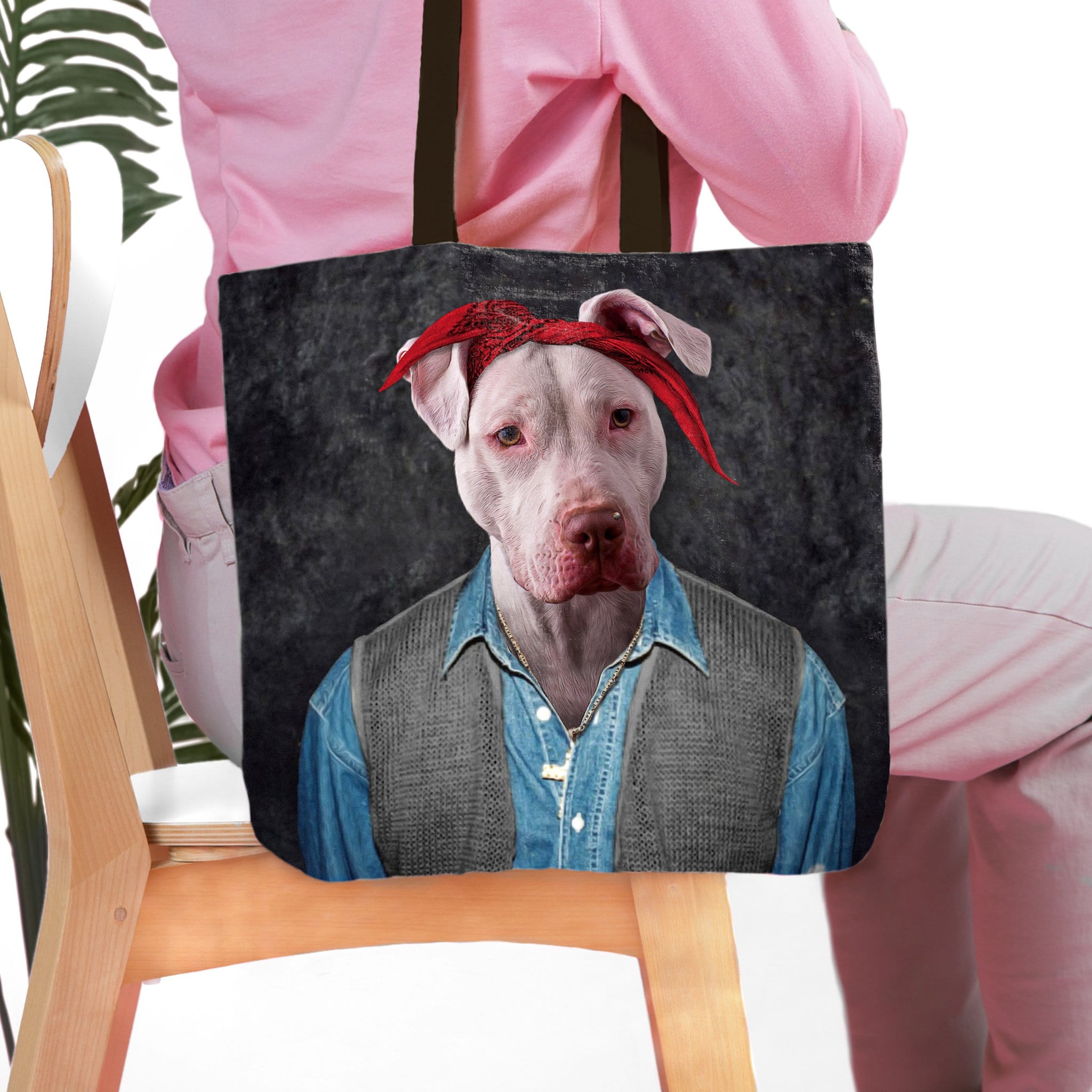 Personalized black tote bag with a custom pitbull dog portrait in a 2pac-style outfit.