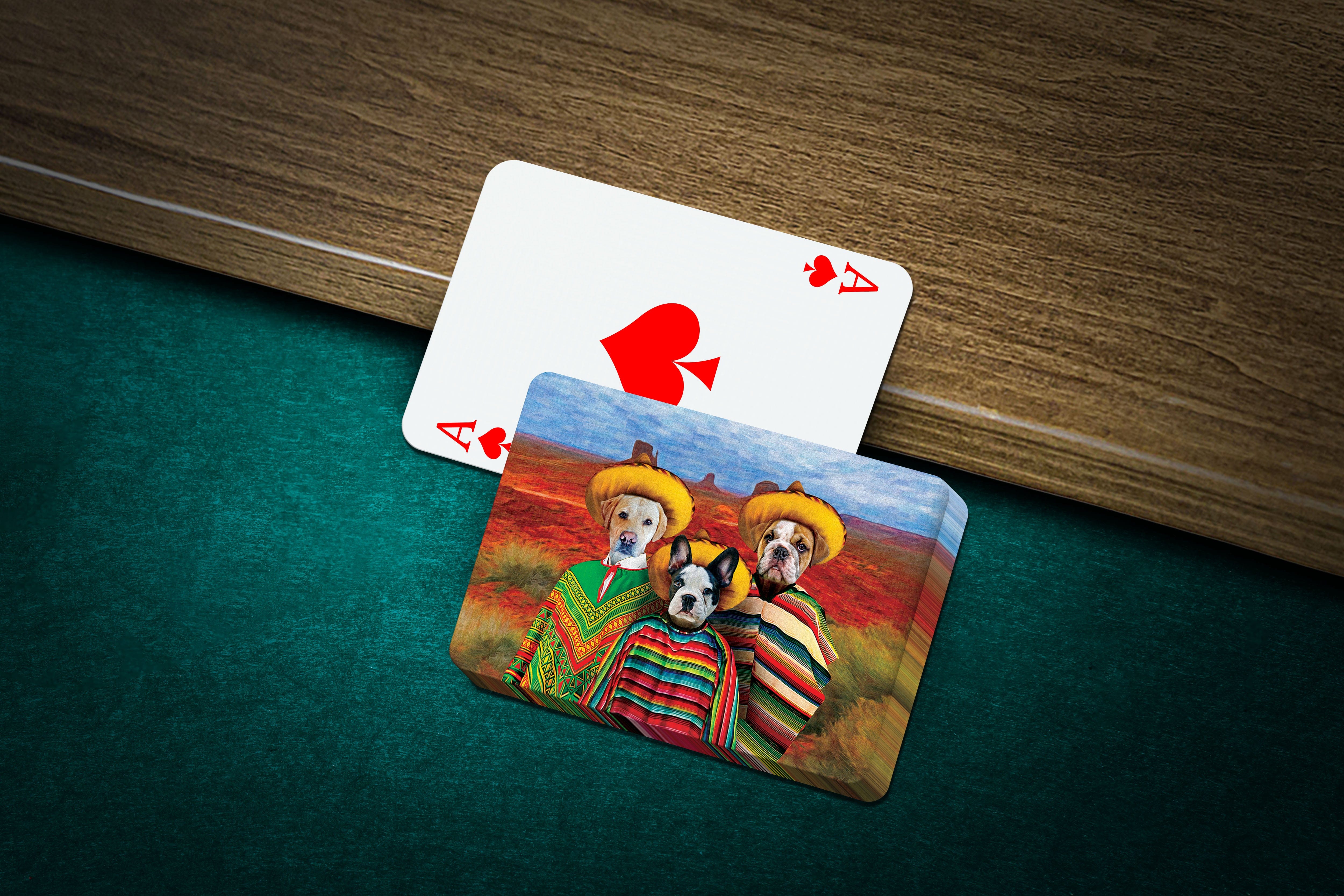 Personalized '3 Amigos' playing cards featuring custom pet portraits in sombreros and ponchos.