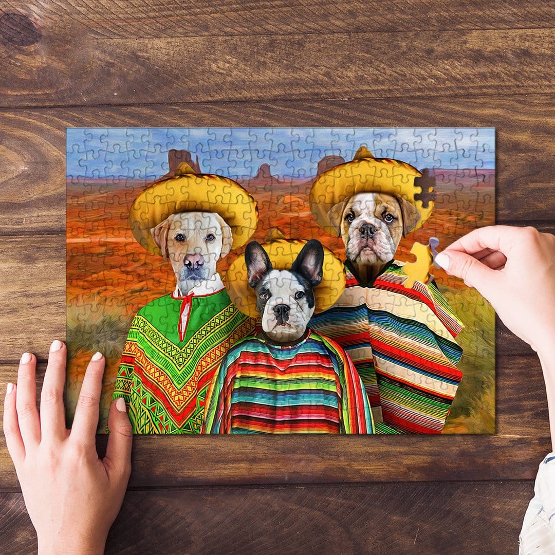 Personalized 3-pet puzzle featuring dogs in sombreros and ponchos against a desert landscape.
