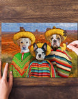 Personalized 3-pet puzzle featuring dogs in sombreros and ponchos against a desert landscape.