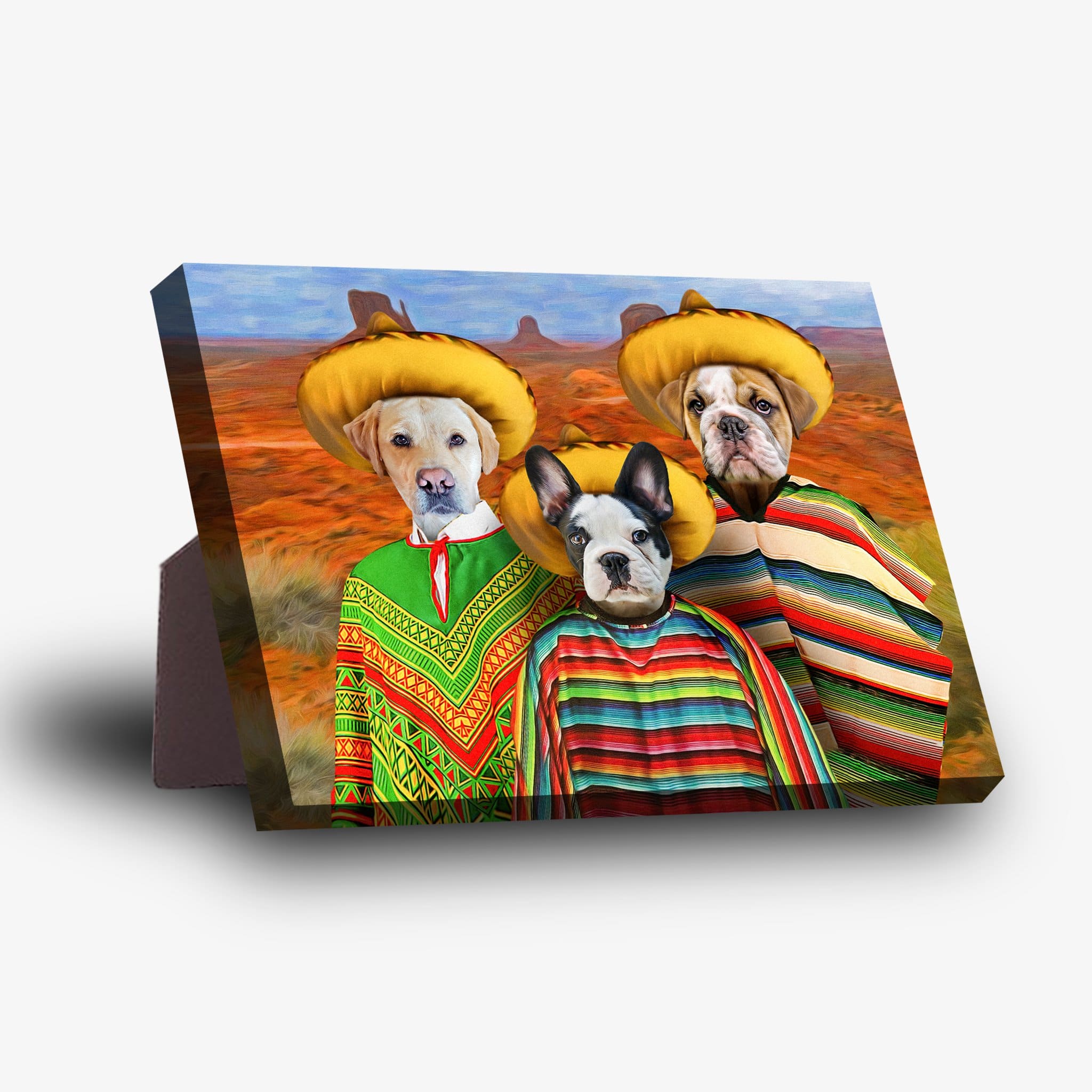 Three pets (Labrador, French Bulldog, Bulldog) in colorful ponchos and sombreros on a personalized standing canvas.
