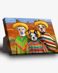 Three pets (Labrador, French Bulldog, Bulldog) in colorful ponchos and sombreros on a personalized standing canvas.