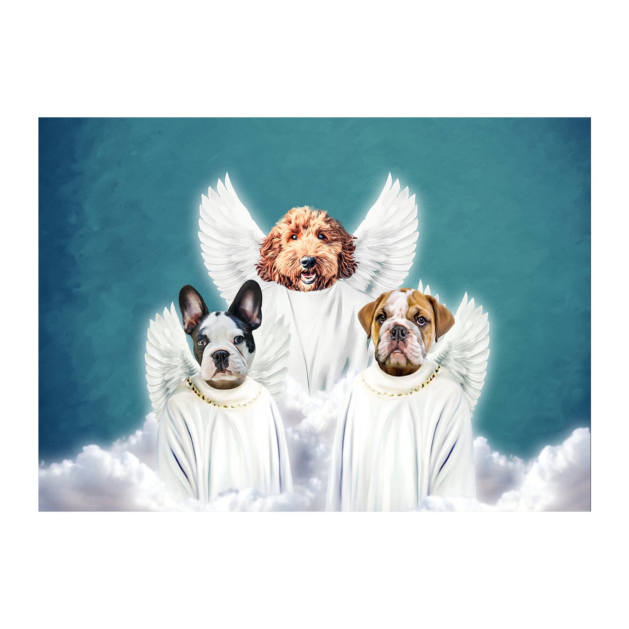 Custom 3-pet digital portrait of a French Bulldog, Doodle, and Bulldog as angels on clouds.