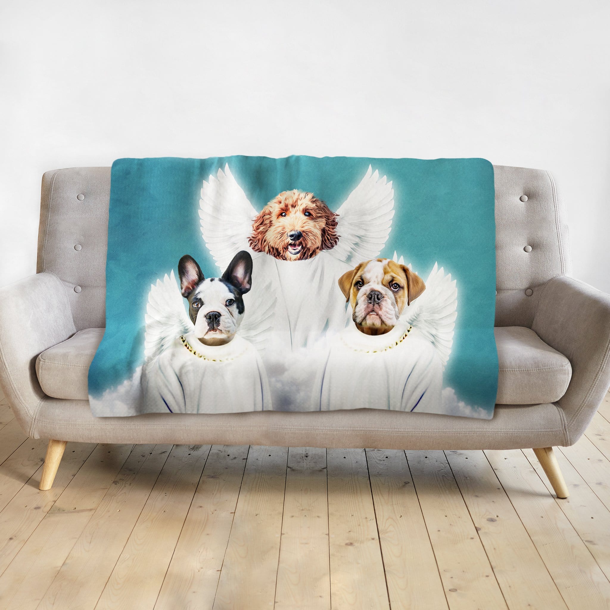 Custom 3-pet angel portrait blanket with a French Bulldog, Doodle, and English Bulldog.