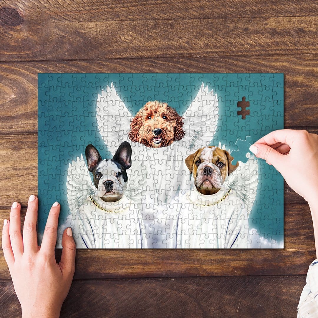 Personalized 3-pet puzzle featuring dogs in Renaissance angel costumes, partially assembled on wood.