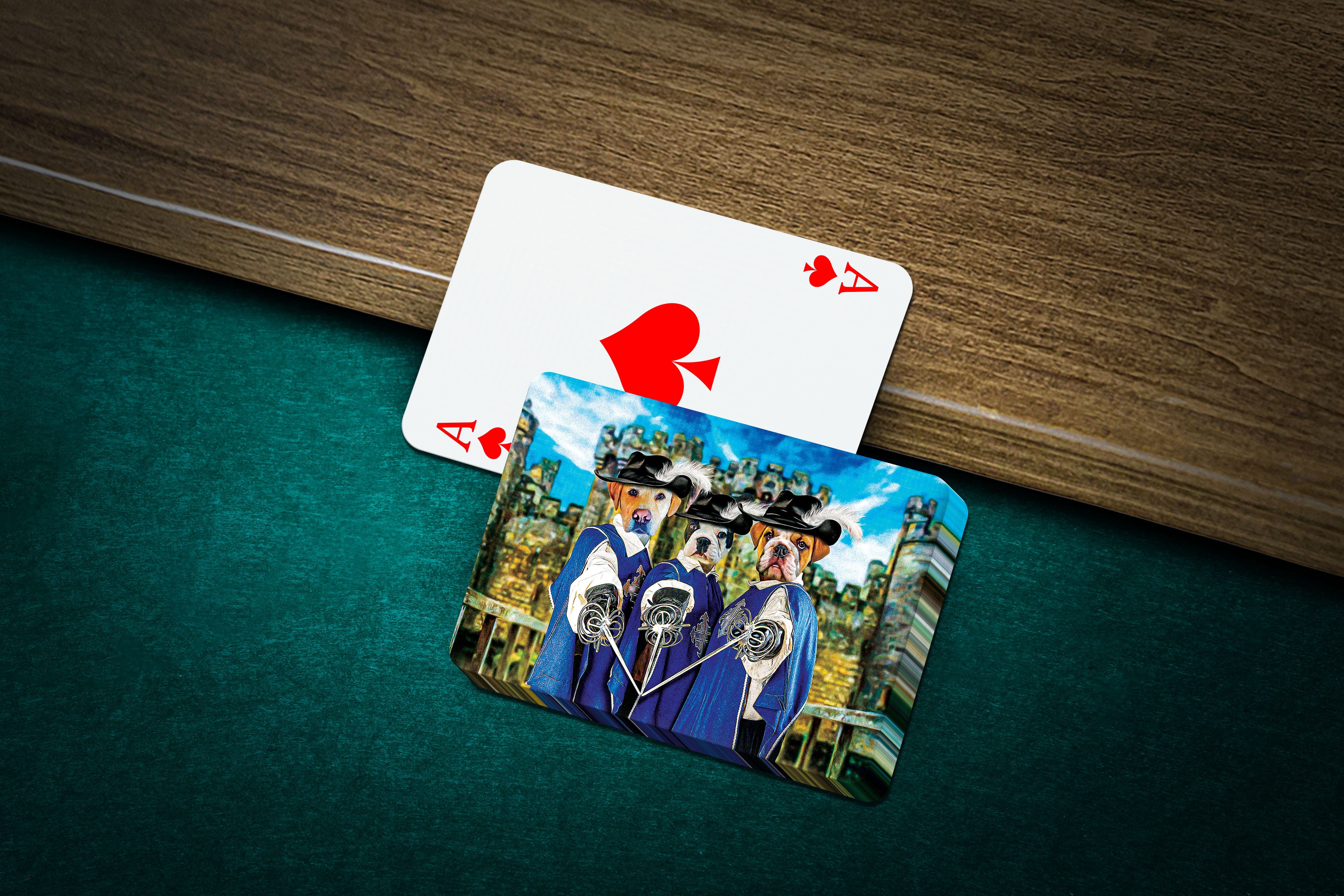 Personalized playing cards featuring three pets in '3 Musketeers' renaissance royal portraits.