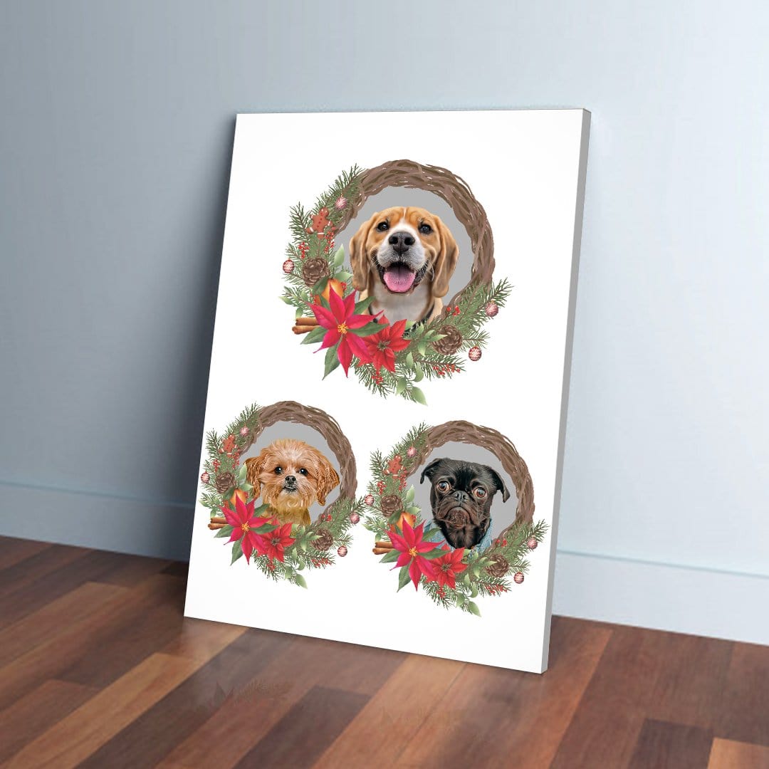 Personalized Christmas wreath canvas with three custom pet portraits, red poinsettias, and pinecones.