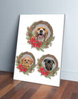 Personalized Christmas wreath canvas with three custom pet portraits, red poinsettias, and pinecones.