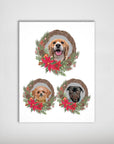 Personalized Christmas wreath poster featuring three custom pet portraits: a beagle, a small brown dog, and a black pug.