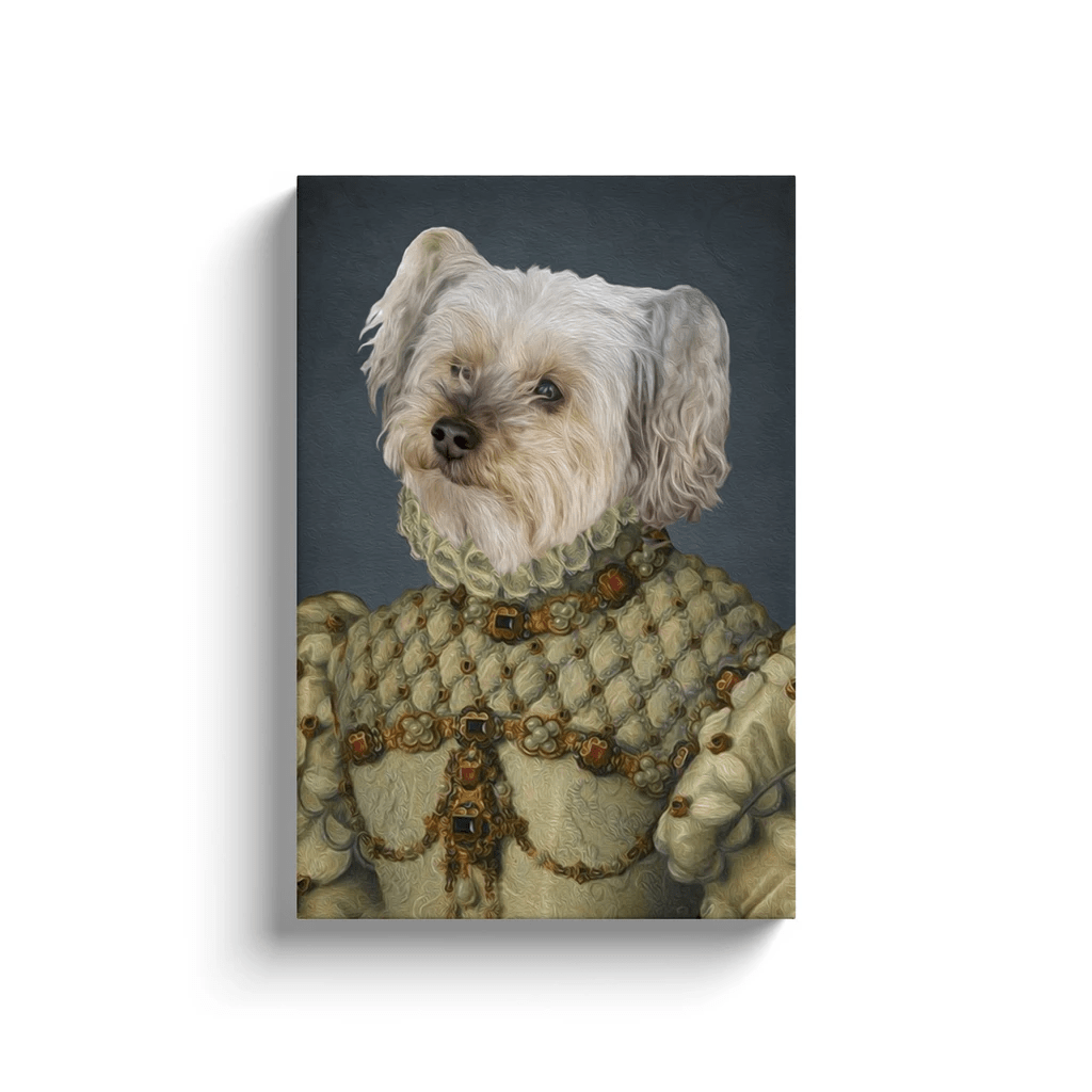White dog portrait on a personalized canvas, dressed as a princess in an ornate, cream-colored gown.