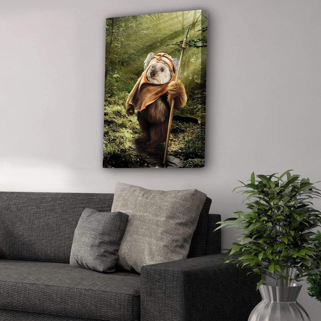 Custom canvas art featuring a dog dressed as an Ewok, holding a spear, in a forest setting.
