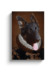 Personalized "The Duke" canvas featuring a German Shepherd in a regal, brown and gold Renaissance-style costume.