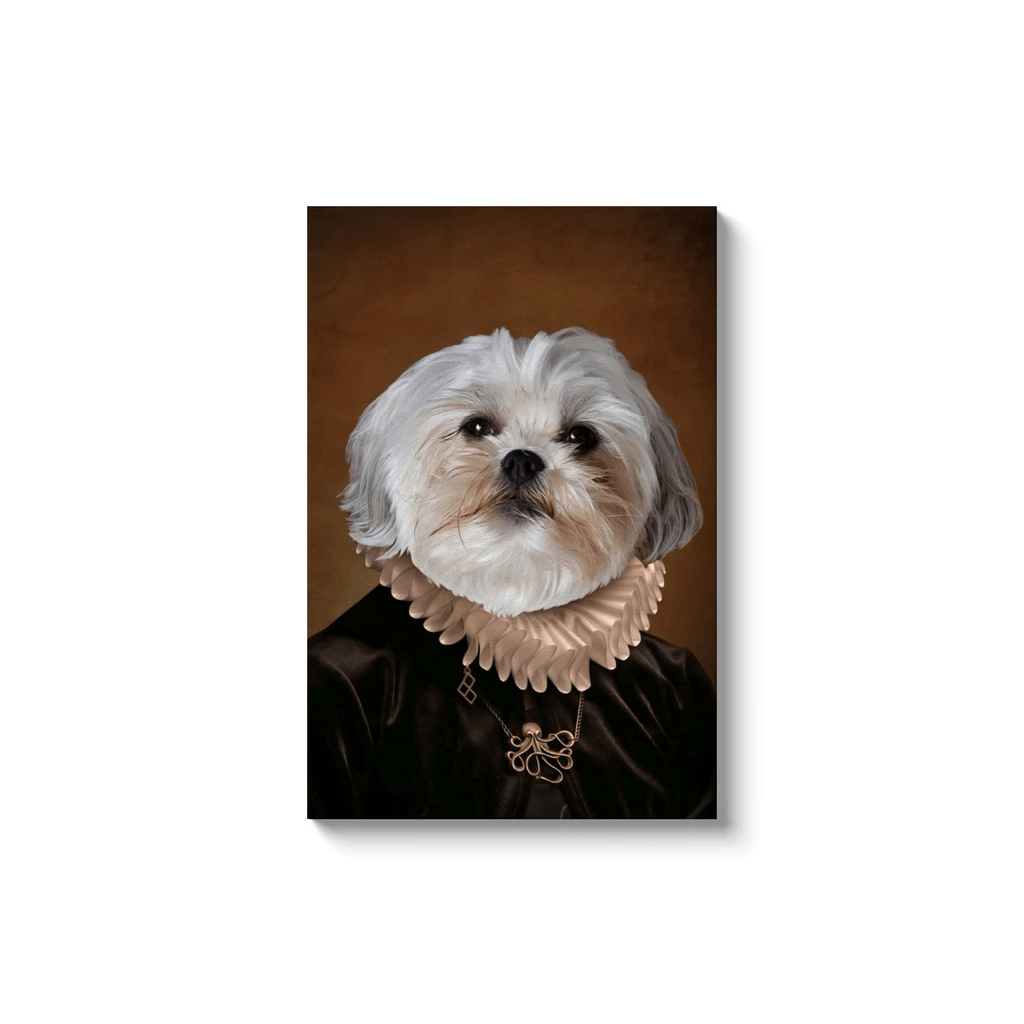 Personalized pet canvas featuring a Shih Tzu in a Duchess portrait, wearing a ruffled collar and dark gown.