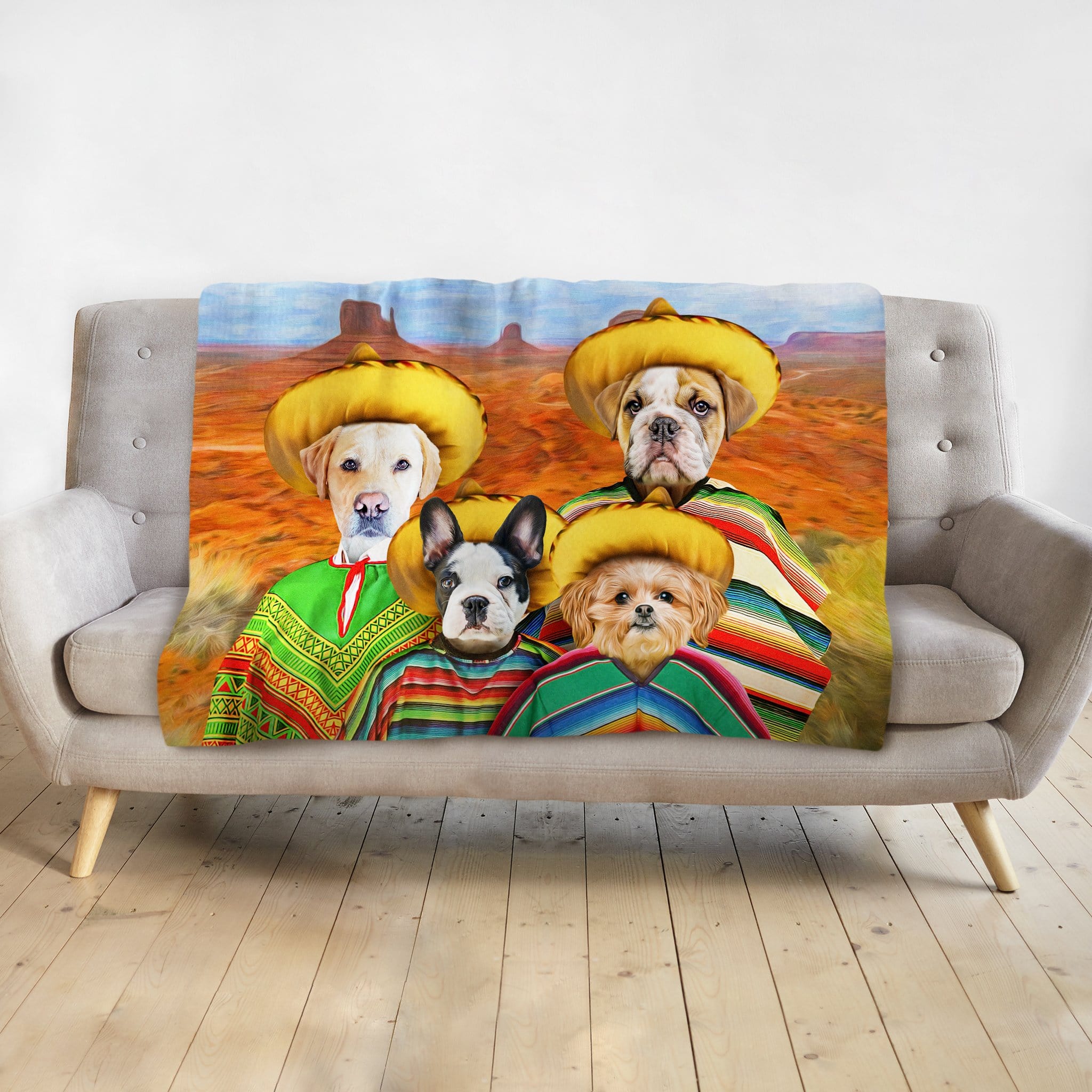 Personalized '4 Amigos' pet portrait blanket featuring four dogs in sombreros and ponchos against a desert background.