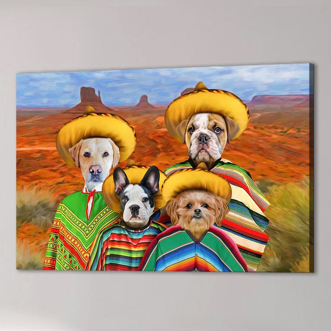 Custom multi-pet canvas portrait featuring four dogs in colorful ponchos and yellow sombreros, set against a desert landscape.