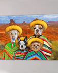 Custom multi-pet canvas portrait featuring four dogs in colorful ponchos and yellow sombreros, set against a desert landscape.