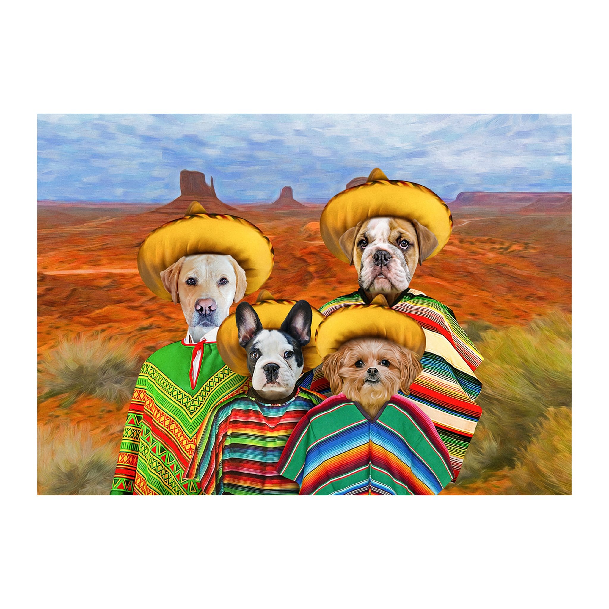 Custom digital portrait of four pets dressed in ponchos and sombreros in a desert landscape.