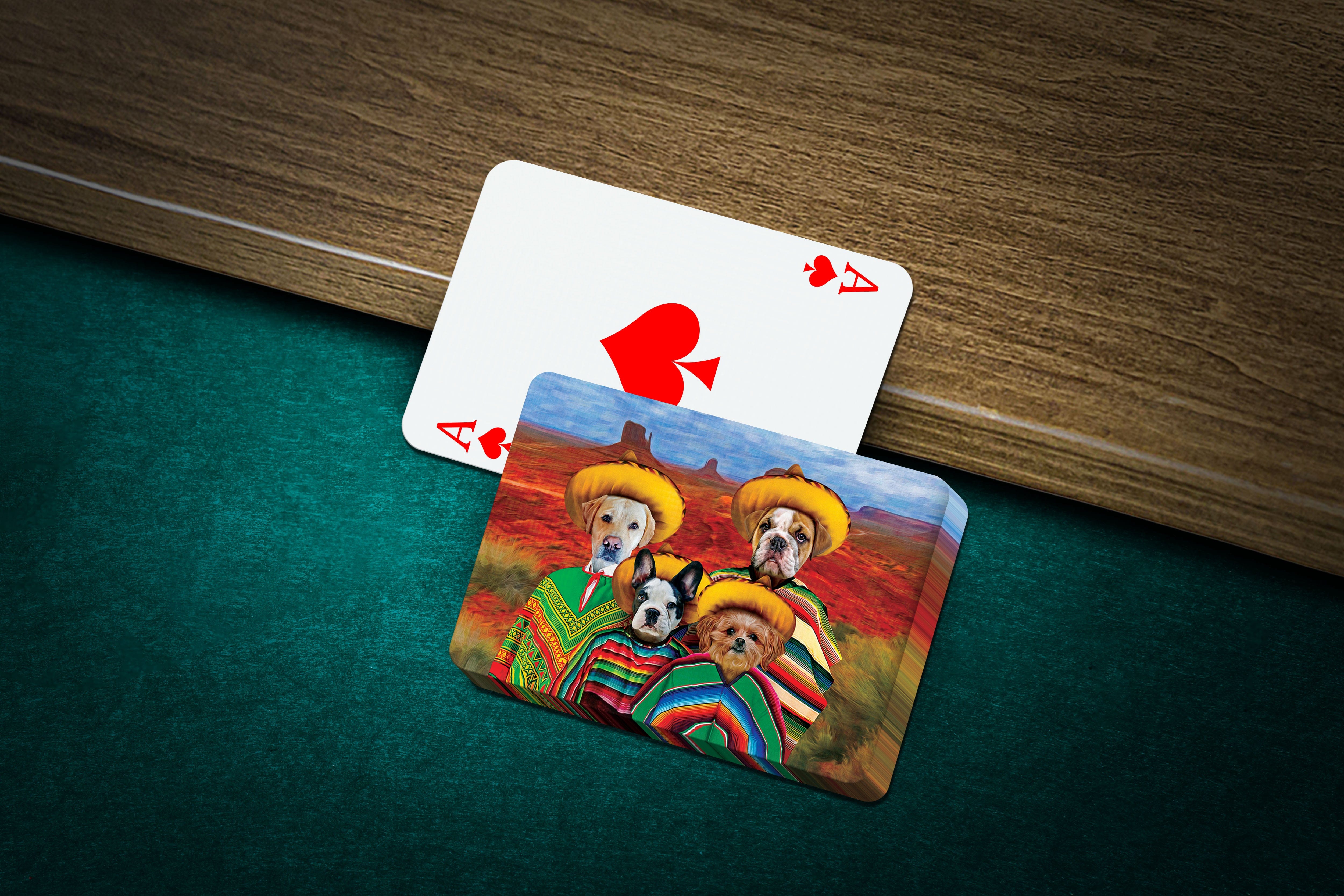Personalized playing cards featuring four dogs in "4 Amigos" style, with one ace of spades card.