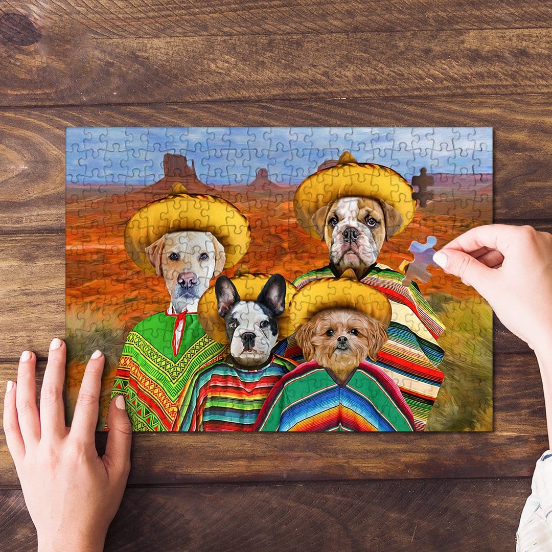 Personalized 4 pet puzzle featuring dogs in sombreros and ponchos, desert background.