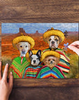 Personalized 4 pet puzzle featuring dogs in sombreros and ponchos, desert background.