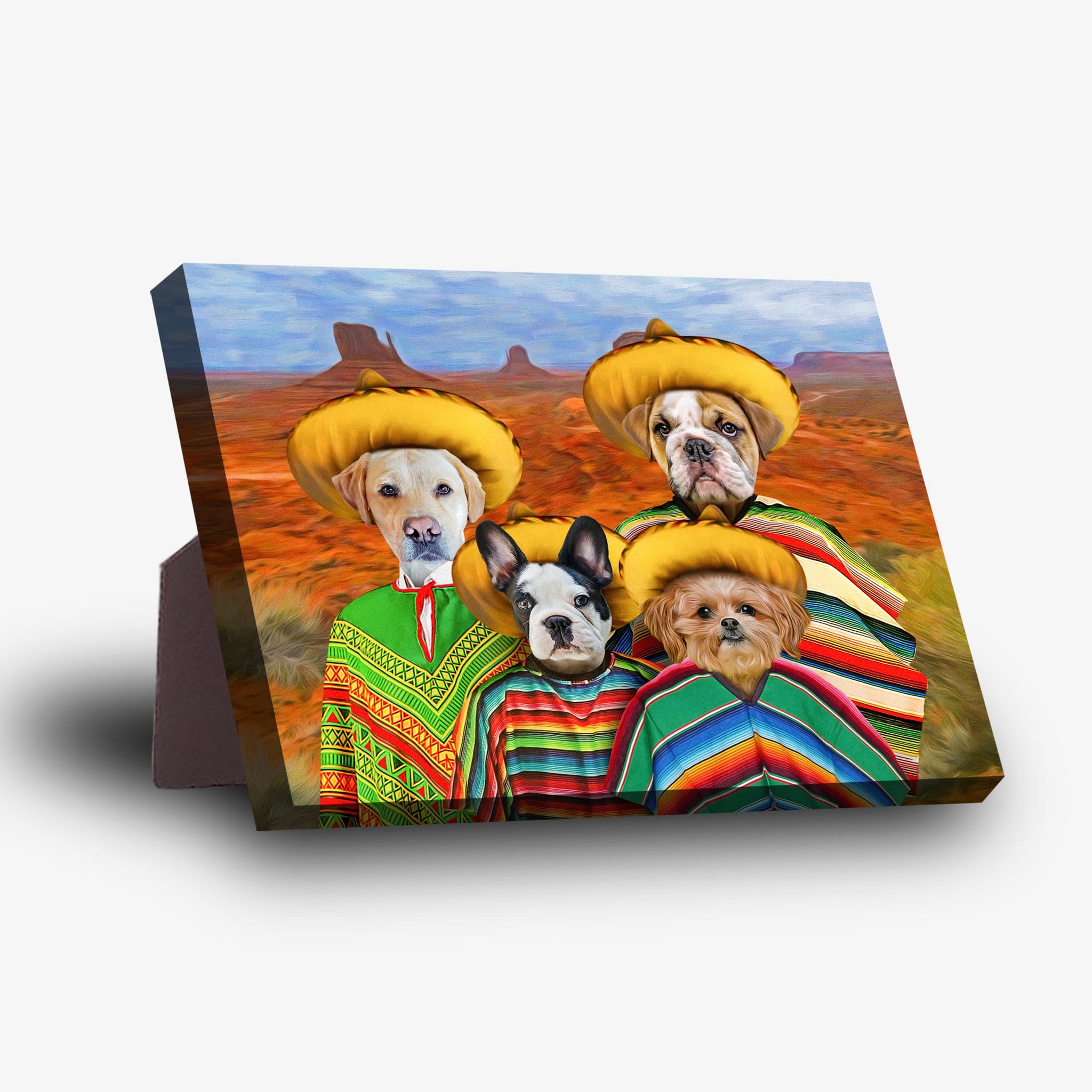 Personalized '4 Amigos' standing canvas featuring four pets in sombreros and ponchos against a desert landscape.