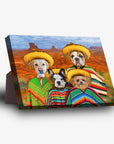 Personalized '4 Amigos' standing canvas featuring four pets in sombreros and ponchos against a desert landscape.