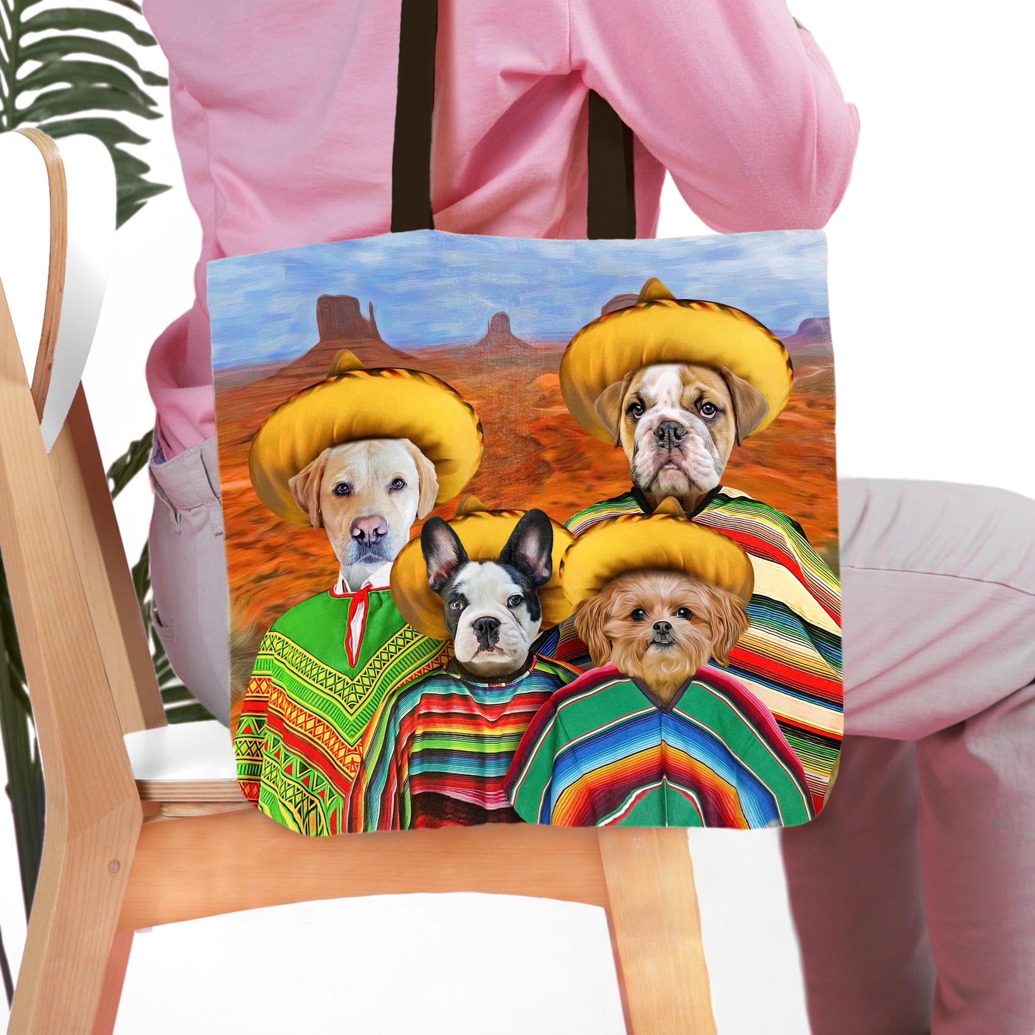 Personalized 4-pet tote bag with dogs in sombreros and ponchos against a desert landscape.