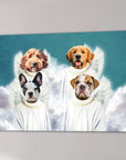 Personalized '4 Angels' canvas featuring four dogs (golden retriever, doodle, French bulldog, bulldog) with white angel wings and robes against a blue sky with clouds.