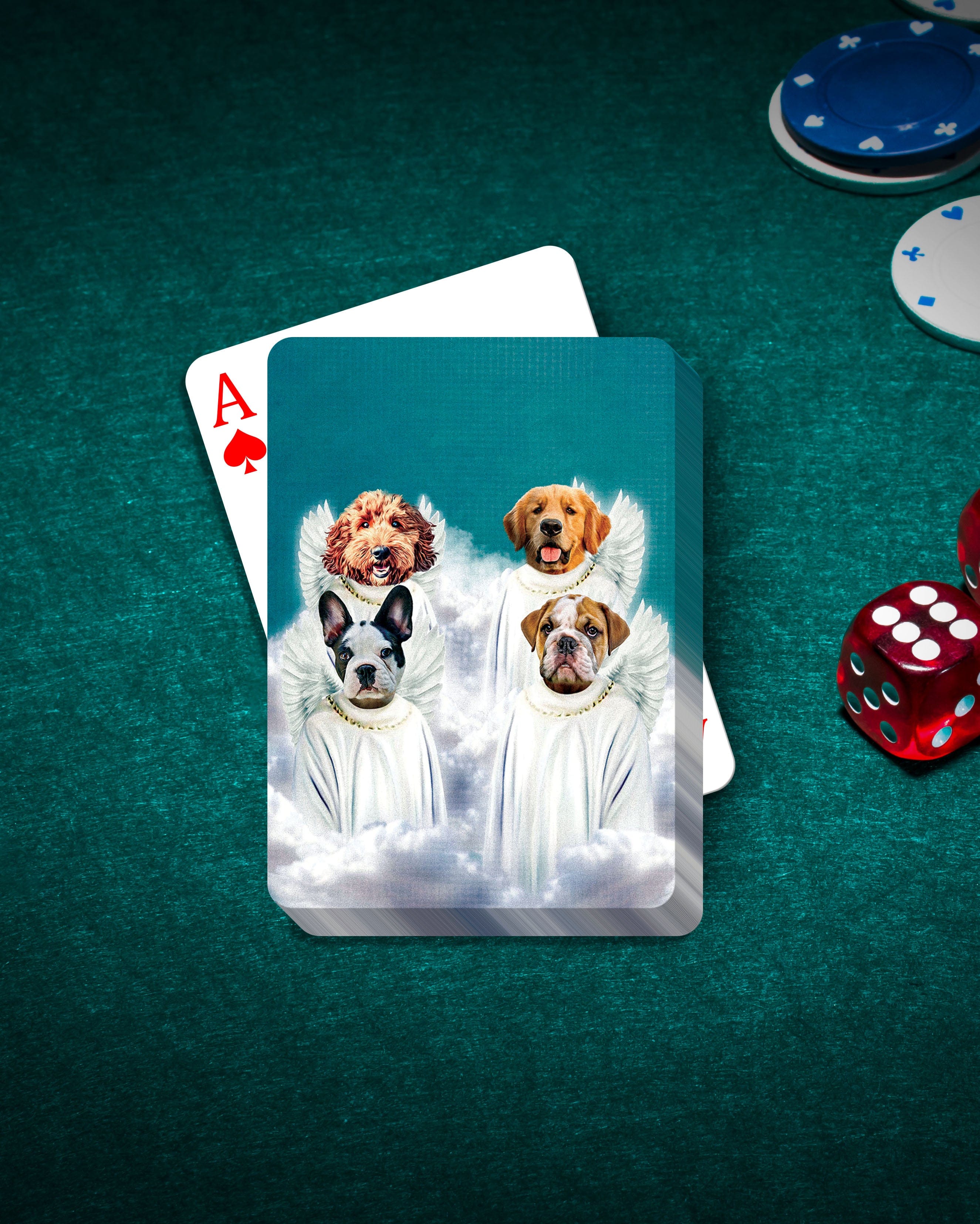 Personalized playing cards featuring four dogs as angels on a blue background, with poker chips and dice.