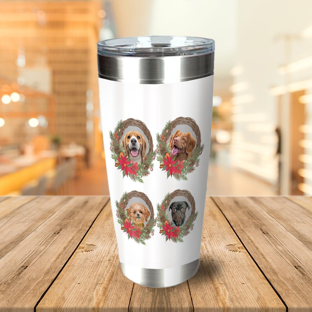 White personalized stainless steel tumbler with four pet portraits in Christmas wreath designs.