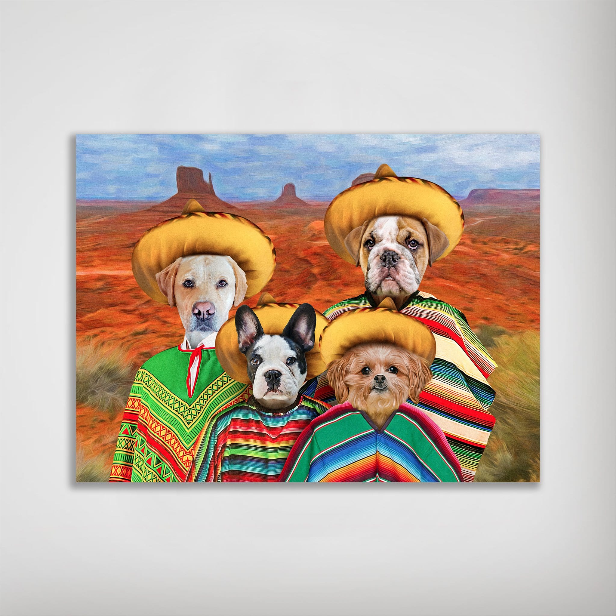 Personalized "4 Amigos" pet poster featuring four dogs in colorful ponchos and sombreros against a desert landscape.