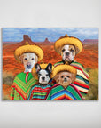 Personalized "4 Amigos" pet poster featuring four dogs in colorful ponchos and sombreros against a desert landscape.