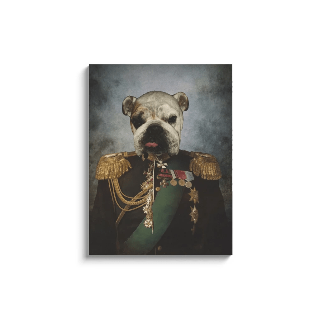 Personalized "The General" canvas featuring a bulldog in a dark green military uniform with gold epaulets and medals.