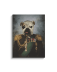 Personalized "The General" canvas featuring a bulldog in a dark green military uniform with gold epaulets and medals.