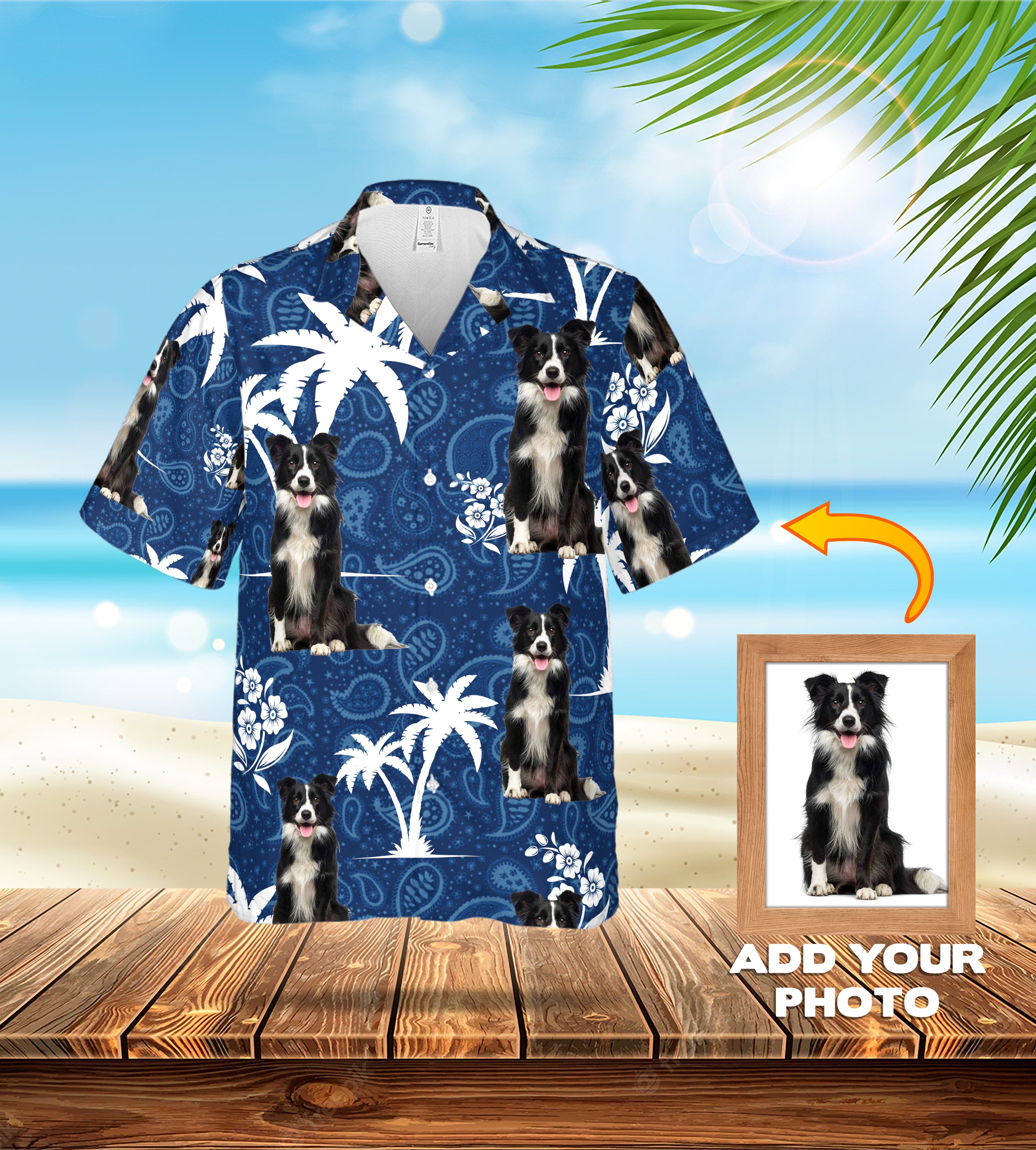 Camisa hawaiana personalizada (azul palma: 1-4 mascotas)