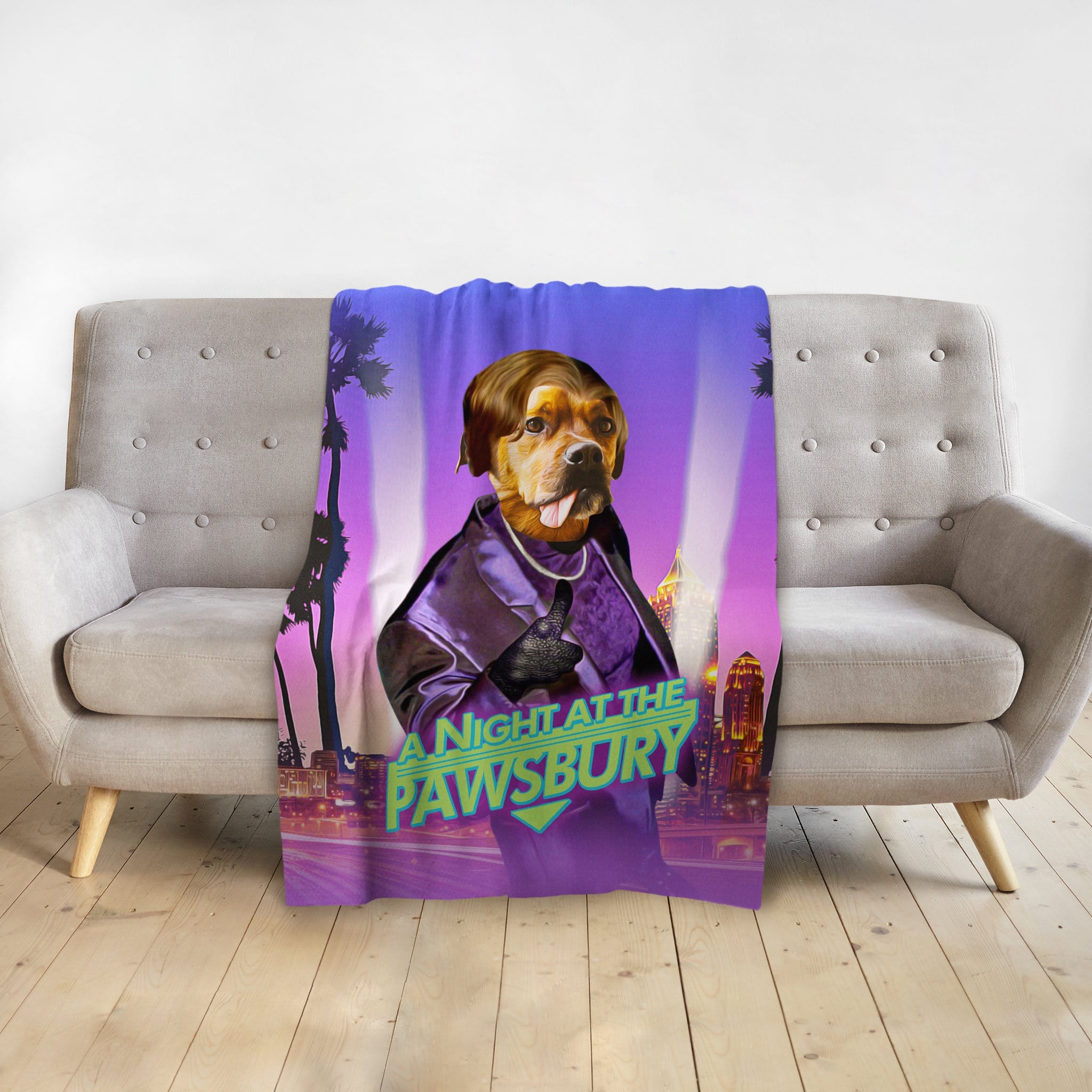 Personalized pet blanket with a Doggovinci portrait of a dog in a purple suit, "A Night At The Pawsbury" text.