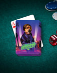 Personalized pet playing cards featuring a dog in a purple suit with a city skyline.