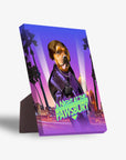 Personalized pet canvas featuring a dog in a purple suit against a retro city skyline with palm trees.