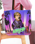 Personalized tote bag with a custom pet portrait of a dog in a purple 80s-style city scene.