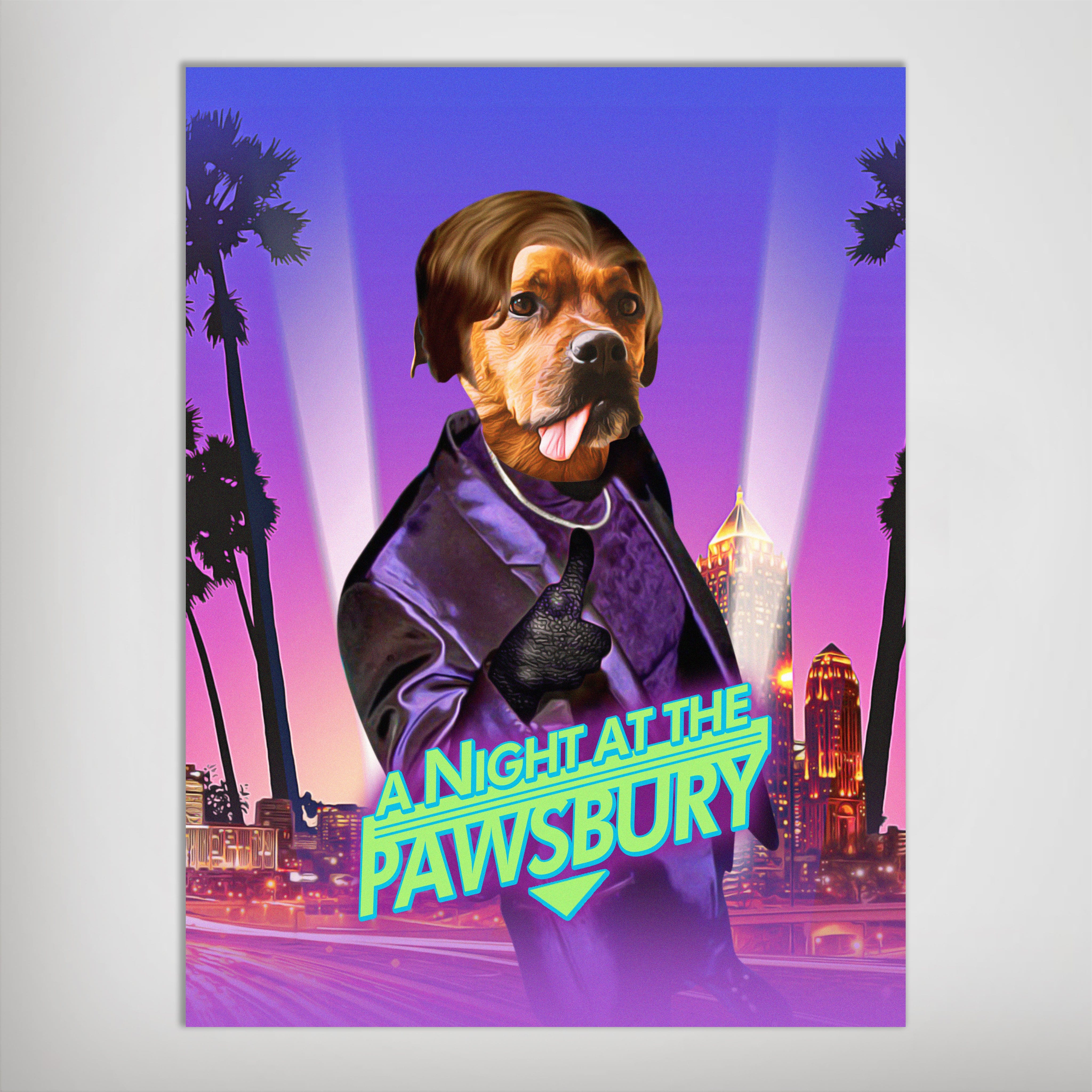 Custom pet portrait art print featuring a dog in a purple suit with a retro city background.
