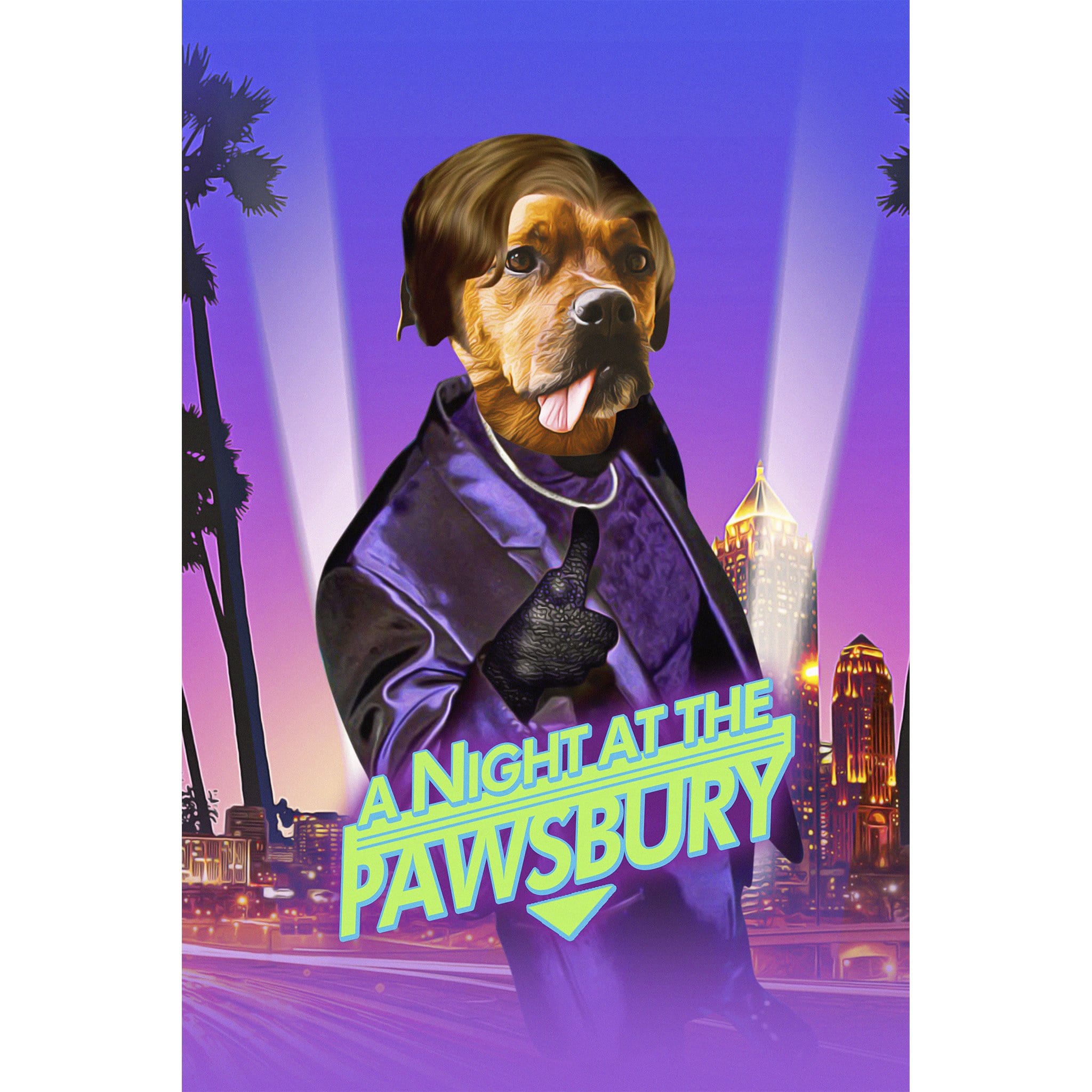 Custom digital portrait of a dog in a purple suit with "A Night at the Pawsbury" title.
