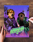 Personalized 2 pet puzzle with dogs in purple and green suits, "A Night at the Pawsbury" title.